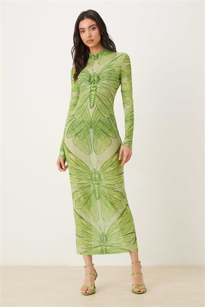Прозрачное платье-миди с длинными рукавами из сетки с зеленым принтом в виде бабочек артикул 153527454