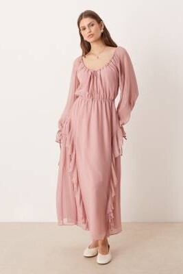 Бохо-платье средней длины из шифона с рюшами, розового цвета артикул 154027871