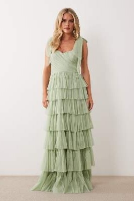Макси-платье из тюля с бантиком на плече для подружки невесты, цвет шалфейный зеленый артикул 154401423
