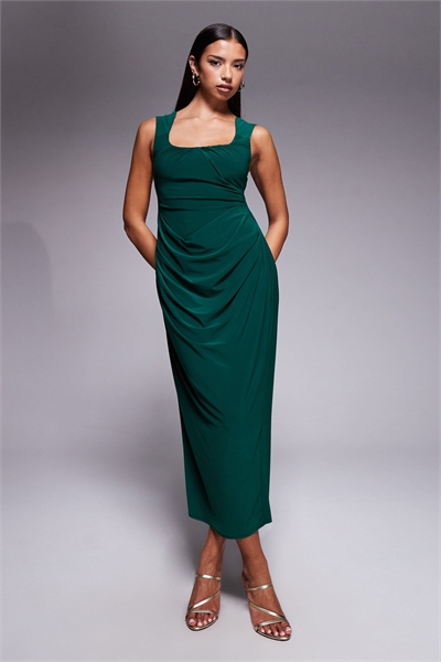 Платье-миди с широкими бретелями, фигурным вырезом и драпированной юбкой, зеленого цвета артикул 151481699