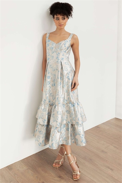 Жаккардовое платье-миди с бретелями светло-голубого цвета артикул 154918184