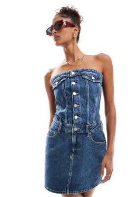 Мини-платье-бандо из денима от Carlisle с застежкой на пуговицах спереди артикул 146856087