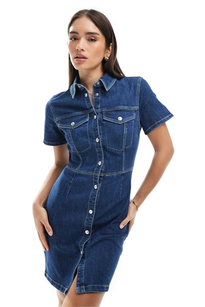 Мини-платье из денима с завязкой на талии и застежкой на пуговицы артикул 140309250
