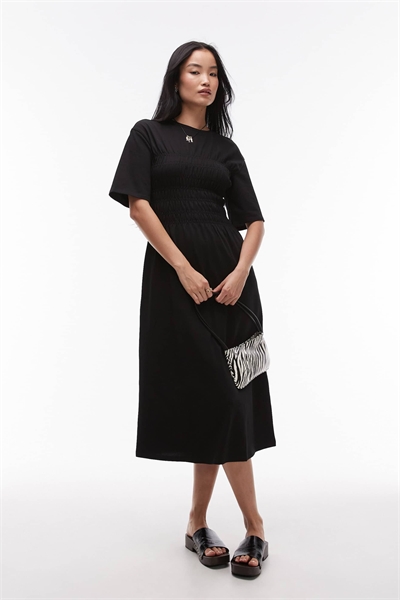 Платье-миди из джерси с корсетом с рюшами, черного цвета артикул 143460183