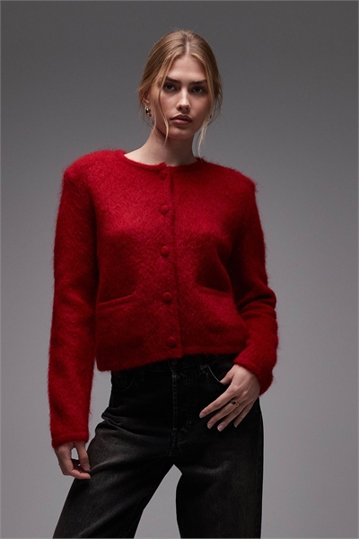 Приталенный кардиган с круглым вырезом и короткими пуговицами из смеси мохера и шерсти артикул 153017725