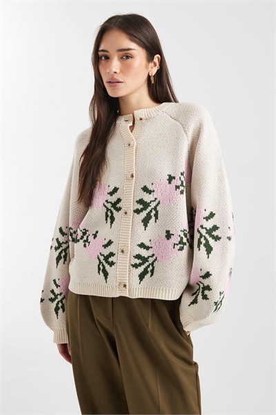 Кардиган свободного кроя с цветочным принтом и круглым вырезом артикул 152667984