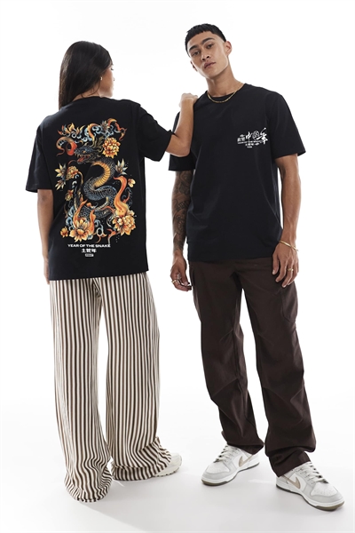 Футболка свободного кроя с принтом змеи в китайском стиле спереди и сзади артикул 143516822