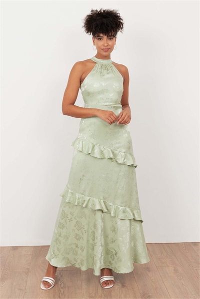 Макси-платье из атласа с цветочным жаккардовым узором и завязками на шее артикул 154345847