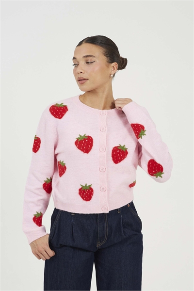 Кардиган из жаккардового трикотажа с мягким прикосновением и клубничным принтом артикул 155956991