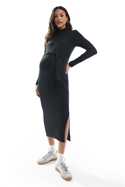Мамалишиус Материнство джерси рид ролл воротник миди платье В черном артикул 148917144