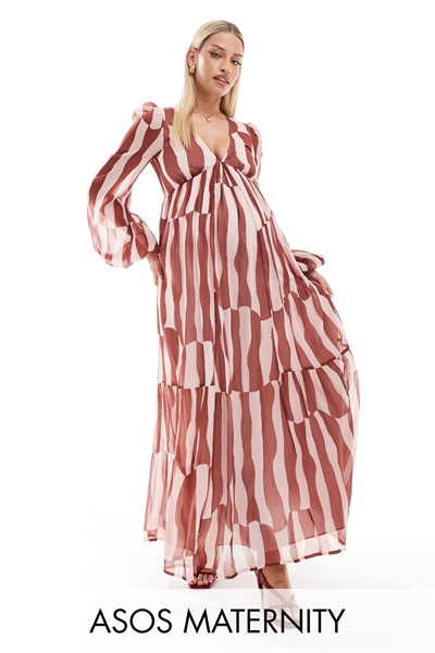 ASOS DESIGN: Макси-платье для беременных с длинными рукавами, V-образным вырезом и многослойным кроем артикул 136319716