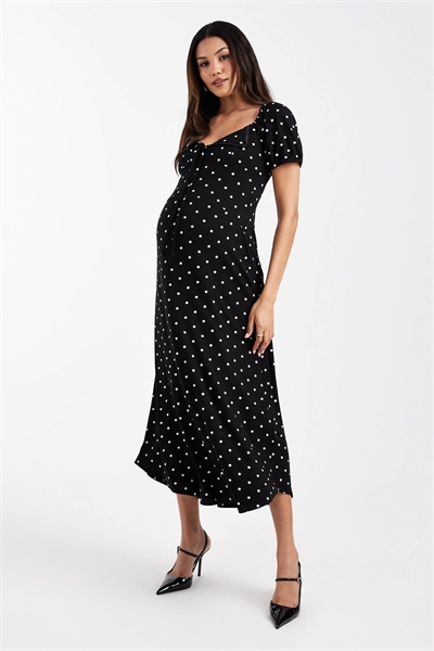 ASOS DESIGN Платье-миди для беременных с воротником-бабочкой, рукавами-буфами и декоративными швами, в монохромную точку артикул 150500612