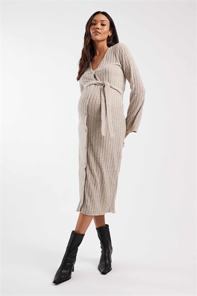 Mamalicious Maternity супермягкое трикотажное платье средней длины с завязкой на талии, кремового цвета с меланжевым эффектом артикул 149956979