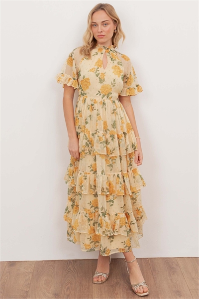 Платье средней длины с воланами и коротким рукавом, с цветочным принтом артикул 154856782