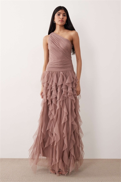 Макси-платье для подружки невесты из тюля с одним плечом, воланами и водопадным силуэтом артикул 152319614