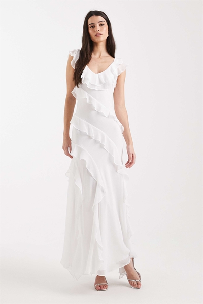 Свадебное макси-платье из шифона с V-образным вырезом и рюшами артикул 153251589