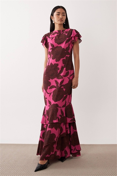 Макси-платье с шифоновыми рукавами с оборками артикул 153148911