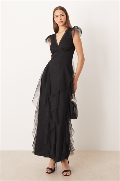 Макси-платье с прозрачными рукавами-крылышками и оборками артикул 152319605