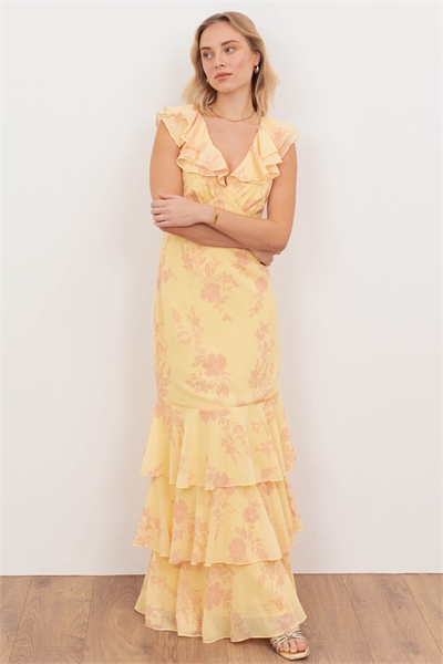 Макси-платье с V-образным вырезом и оборками артикул 154753936