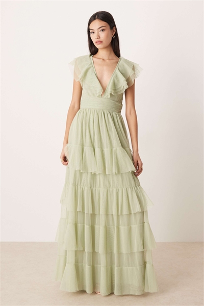 Макси-платье из тюля с воланами, многослойными оборками и рукавами-крылышками артикул 152319621