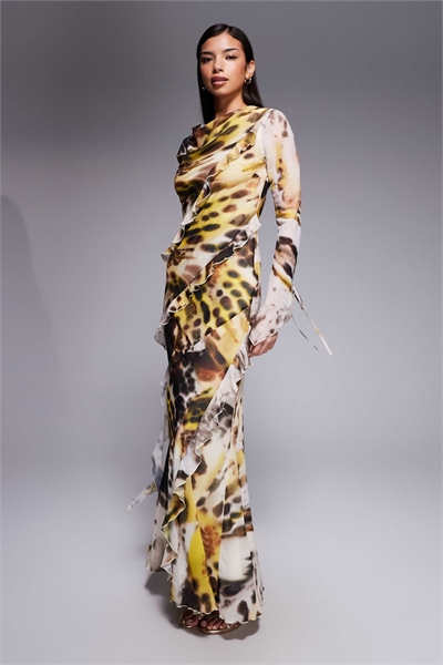 Макси-платье из шифона с высоким воротником-капюшоном и оборками артикул 154630817