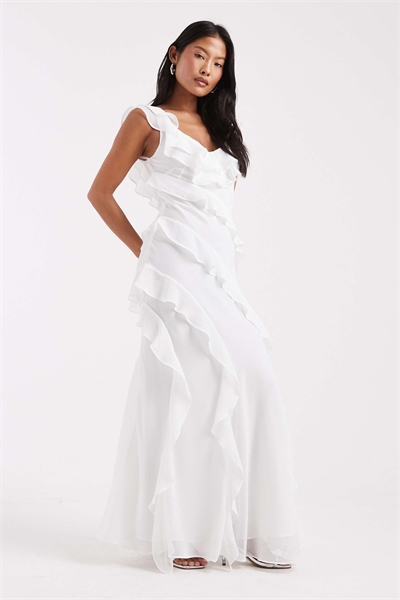 Свадебное макси-платье с V-образным вырезом, без рукавов и с рюшами артикул 153280162