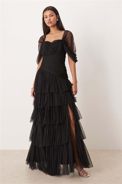 Макси-платье из тюля с асимметричными оборками артикул 152319609