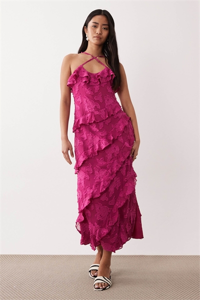 Платье средней длины с перекрещивающимися бретелями и жакардовым узором в виде рюшей артикул 153148916