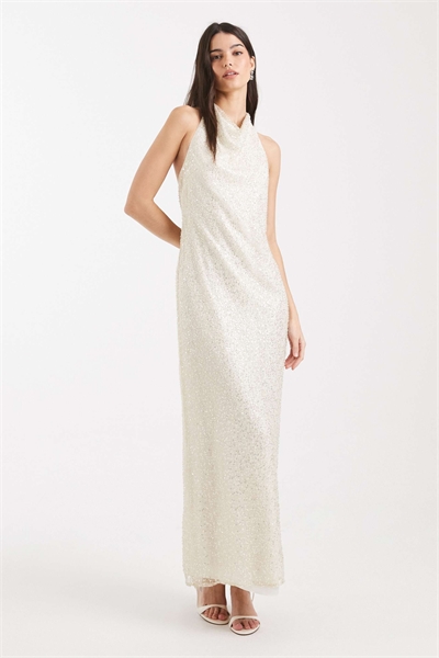 Свадебное макси-платье с высоким капюшоном, завязками на шее и пайетками артикул 153251582