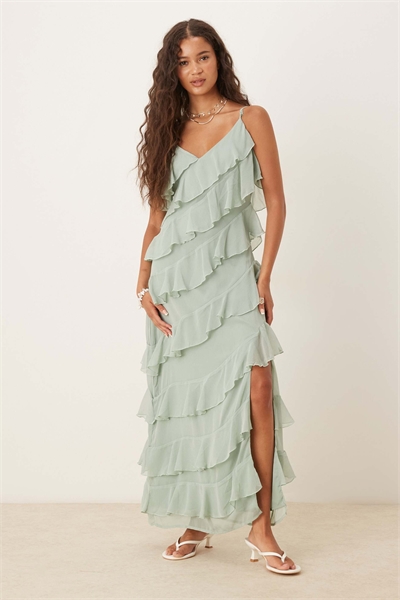 Асимметричное макси-платье с оборками и боковым разрезом, цвет шалфейный зеленый артикул 147439920