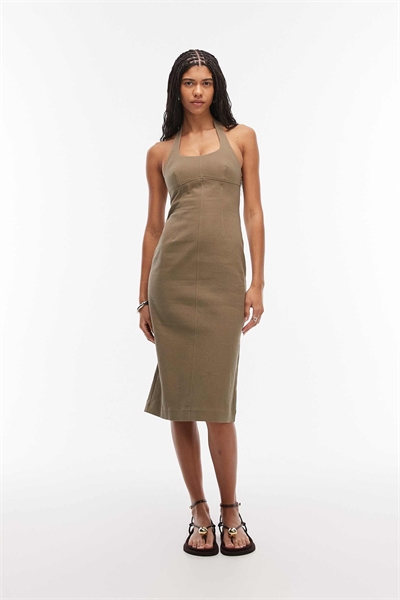 Платье средней длины с завязками на шее темно-хаки артикул 155245471