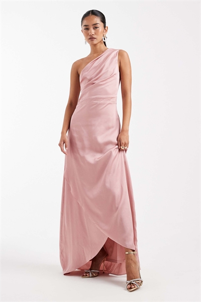 Макси-платье для подружки невесты из атласа с одним плечом и юбкой-парео артикул 153113234