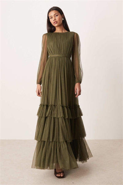 Макси-платье с круглым вырезом, прозрачными рукавами и многослойным силуэтом артикул 152319606