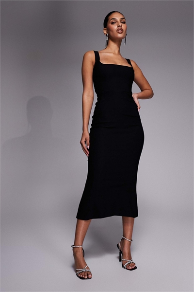 Бенгалинное платье-миди без рукавов с квадратным вырезом и рыбьим хвостом, черного цвета артикул 147257852