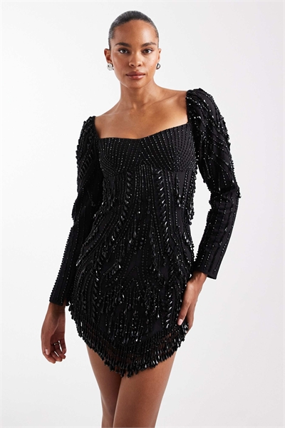 Мини-платье с вставками, украшенное бахромой из бисера артикул 148195069