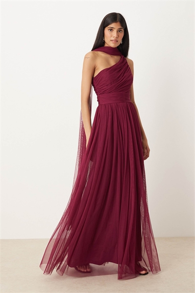 Макси-платье для подружки невесты с одним плечом и шарфом на шее артикул 149954758