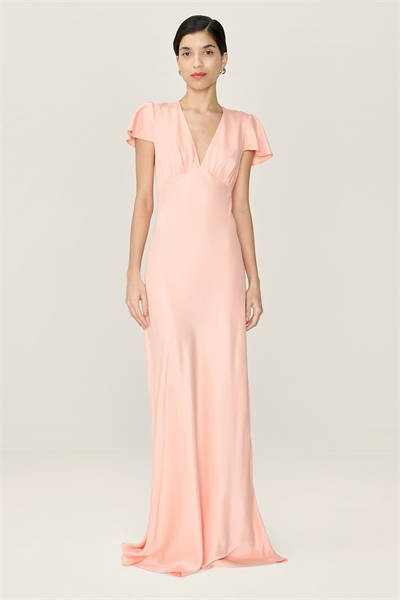 Платье из атласа длиной до пола с короткими рукавами артикул 155951539