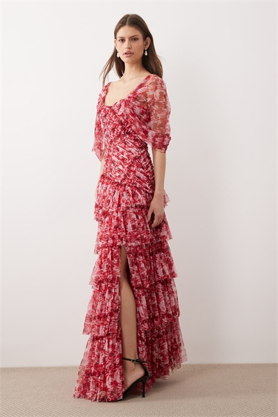 Макси-платье с юбкой из тюля с воланами и разрезом артикул 152319629