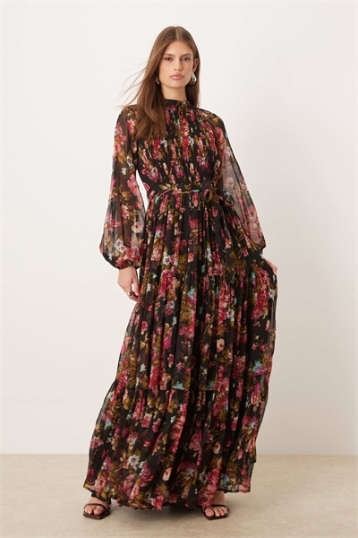 Макси-платье из шифона с прозрачными рукавами-балонами артикул 152319603