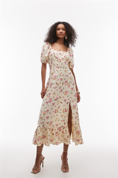 Льняное платье средней длины с буфетными рукавами и разрезом, с цветочным принтом артикул 141734364