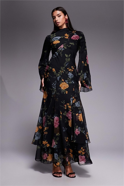 Макси-платье с длинными рукавами, многослойным годе и косой кройкой артикул 153153830