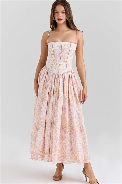 Платье-сарафан из эластичного хлопка с цветочным принтом Ysabella, персикового цвета артикул 151055865