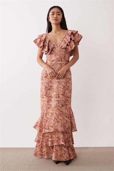 Макси-платье с V-образным вырезом и оборками из смешанного льна артикул 153148908