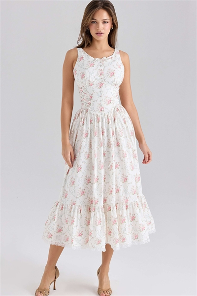 Платье-миди из эластичного хлопка с шнуровкой и розовым принтом Sienna артикул 149551070