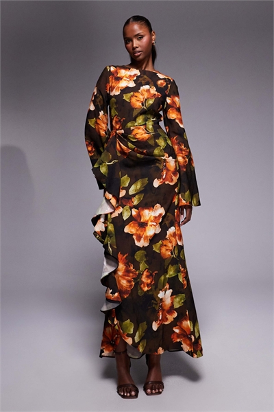 Макси-платье с длинными рукавами и юбкой с оборками артикул 152152871