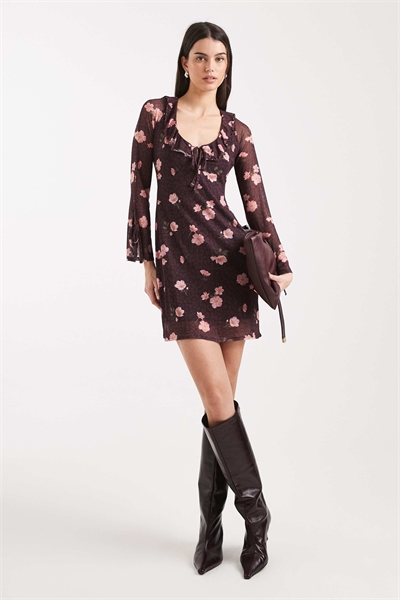 Мини-платье с длинными рукавами из сетчатого материала с цветочным принтом артикул 149423040