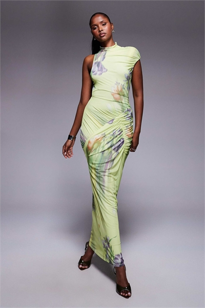 Макси-платье из принтованной сетки с одним плечом, рукавом-крылышком и высоким воротником артикул 148481258