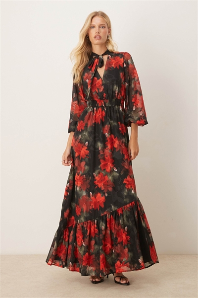 Макси-платье с цветочным принтом, завязкой на шее, длинными рукавами и сборками на талии артикул 150242489