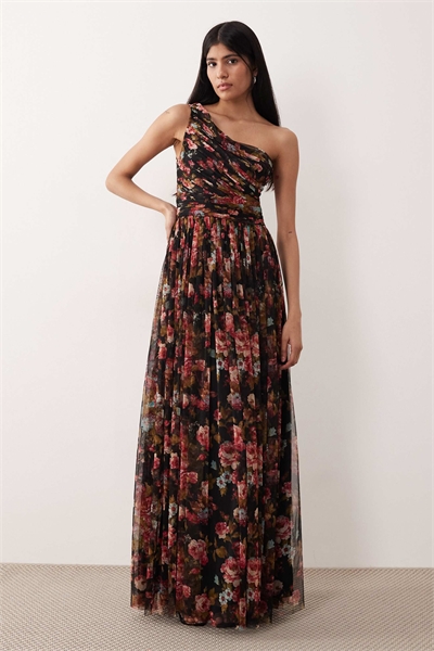 Макси-платье из тюля с одним плечом артикул 152319599