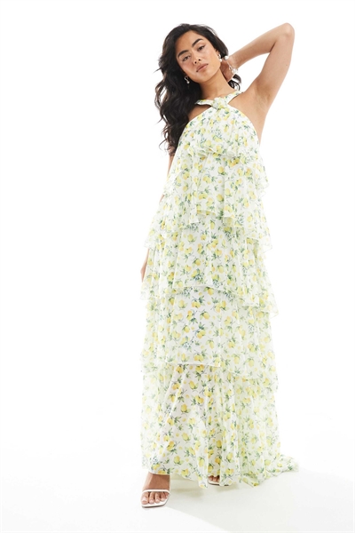 Макси-платье Felicia с завязками на шее, многослойным кроем и украшением в виде букета артикул 141726554